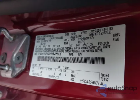 2015 Ford Escape Se from USA, damaged, VIN 1FMCU9G96FUA47802